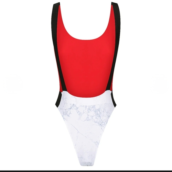 Classic Marble-Print One-Piece Swimsuit - White/Black - Picture 4 of 8